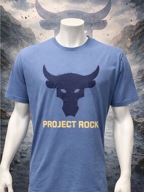 Under Armour Project Rock Blue Black Brahma Bull Logo Graphic T-Shirt Size XL